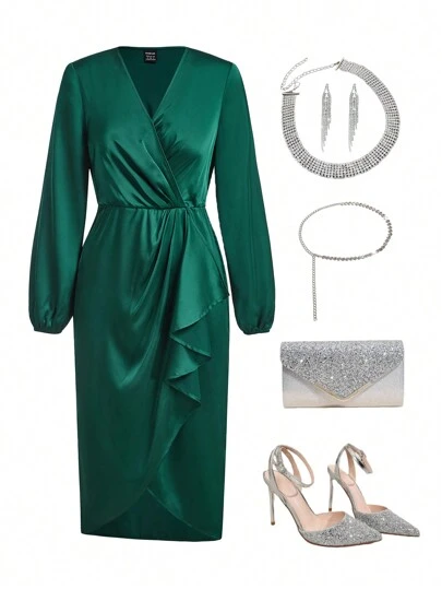 Ellevyn Christmas Women's Long Sleeved Dark Green Satin Waist Wrap In Winter Women's Tie Dye Lantern Sleeve Dress With Ruffle Hem