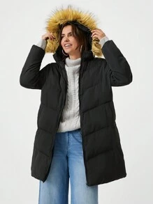 SHEIN EZwear Áo khoác đệm có mũ trùm đầu có khóa kéo viền lông - màu đen - Xem 1