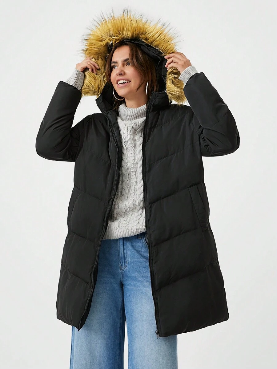 SHEIN EZwear Áo khoác đệm có mũ trùm đầu có khóa kéo viền lông - màu đen - Xem 1