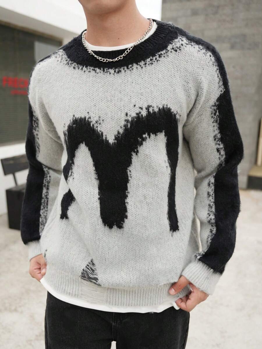 Manfinity Roghcode Jersey casual de punto con patrón de bloques de color y efecto desgastado para hombre, apto para otoño/invierno - Multicolor - Ver 1
