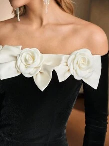 MOTF Soiréza Vestido de cóctel ajustado sin cinturón con detalle de lazo de flor de contraste de terciopelo