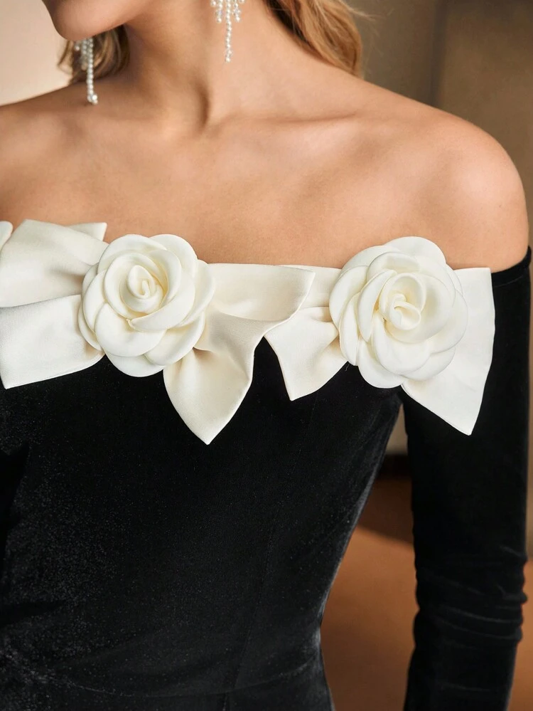MOTF Soiréza VELVET CONTRAST STEREO FLOWER BOW DETAIL SLIM FIT COCKTAIL DRESS WITHOUT BELT