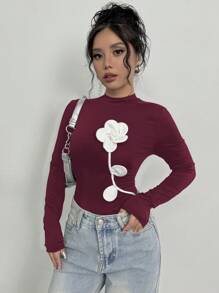 Firerie Women's Autumn Elegant Vintage Floral Print Tight Fit Long Sleeve T-Shirt, Suitable For Work And Holiday