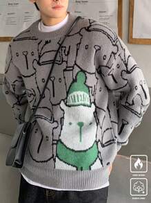 Claim Dot Men Cartoon Pattern Crew Neck Long Sleeve Casual Sweater, Autumn/Winter - Multicolor - View 1