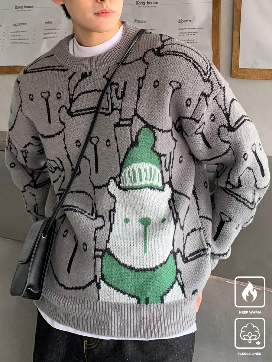 Claim Dot Men Cartoon Pattern Crew Neck Long Sleeve Casual Sweater, Autumn/Winter - Multicolor - View 1