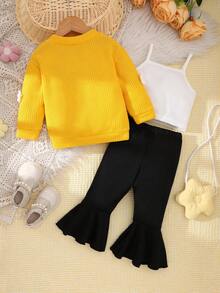 Bộ đồ sơ sinh cho bé gái 3 món - Áo len cardigan màu vàng, áo hai dây màu trắng, quần ống loe màu đen, phong cách thường ngày - màu xanh lá - Xem 2