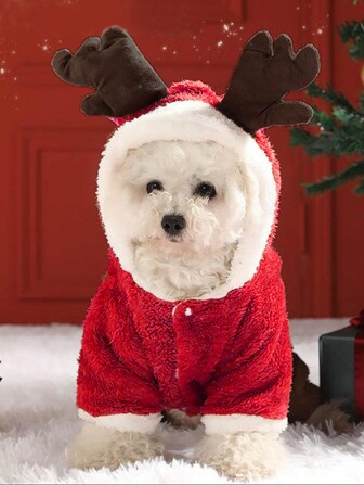 PETSIN Schattige rode warme pluchen huisdieren jumpsuit in de vorm van een rendier voor Kerstmis