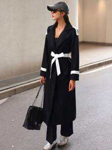 SHEIN Unity Women's Autumn Winter Colorblock Stand Collar Long Sleeve Long Elegant Wool Coat Fall Cloth For Women - Black and White - View 4