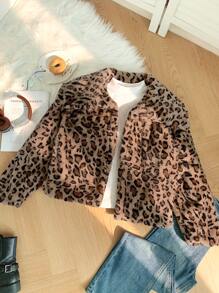 SHEIN Privé Cardigan matelassé avec imprimé léopard pour femmes grandes tailles. Veste de rue chic et élégante avec col montant, convenant pour les déplacements et les sorties, automne/hiver