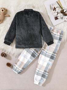 SHEIN Playful Pals Young Boy Cute Bear Graphic Long Sleeve Long Pants Plush Pajama Set, Comfortable And Warm, Grey - Grey - View 2