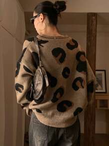 DAZY Women V-Neck Long Sleeve Leopard Pattern Detail Casual Pullover Sweater,Fall Clothes - Brown - View 2