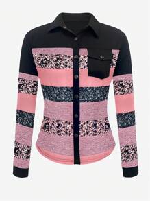 BamGleam Áo sơ mi sọc dài tay cài nút thời trang thường ngày cho nữ mùa thu, áo dài tay - Hồng - Xem 3