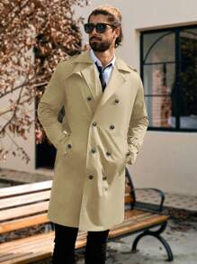 Manfinity Homme 男士纯色双排扣口袋长袖风衣，秋季男装，蓝色风衣，送给男朋友的礼物 - 卡其色 - 查看 5