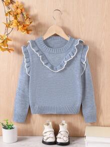 Herfst/Winter Franse Stijl Contrasterende Kleur Ruffle Zoom Schattige Ronde Hals Trui Pullover Lange Mouw Meisjes Jonge Meisjes Gebreide Trui, Geschikt Voor Buitensporten En Casual Thuiskleding