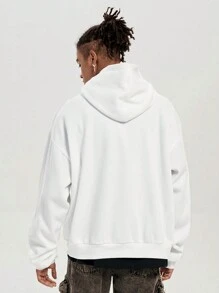Manfinity VCAY Men's Loose Letter Print Long Sleeve Fluffy Fashion Hooded Sweatshirt, Thick Graphic White Gym Hoodie, For Friends, Husband, Boyfriend Gifts