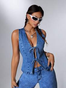 SHEIN EZwear Women's Summer Casual Cinched Waist Waist Fashion Outdoors Denim Vest Jacket - Dark Wash - View 4