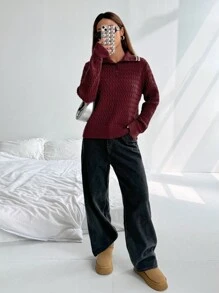 SHEIN Unity Áo len nữ dáng rộng, cổ polo, họa tiết hoa, kiểu dáng thường ngày, thích hợp cho mùa thu đông. - Nhiều màu - Xem 6