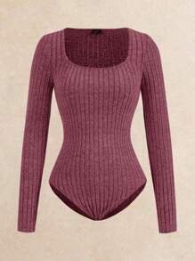 SHEIN Frenchy Conjunto de 2 piezas de body y pantalones de punto acanalado de talla grande, conjunto de entrenamiento cómodo, chándal, estilo casual, body de manga larga y pantalones de pierna ancha, ropa básica esencial de otoño e invierno