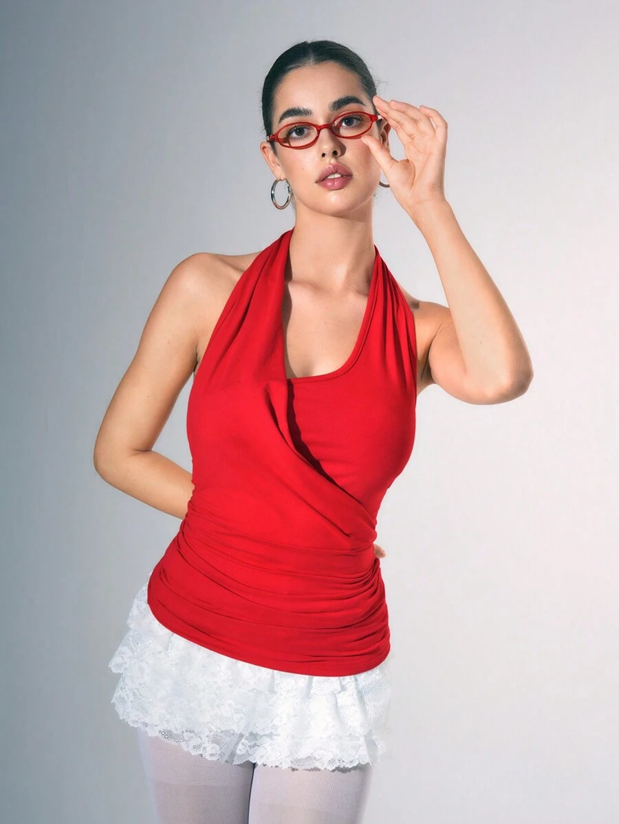TRNVIE Áo tank top nữ cổ yếm, viền nhún bèo, màu trơn, kiểu dáng gợi cảm công sở, trang phục Giáng sinh, phong cách cổ điển, năm mới. - Đỏ - Xem 1