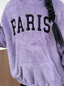 Tween 女童厚绒双面刺绣图案超大套头连帽衫，秋冬保暖，时尚休闲宽松口袋运动衫