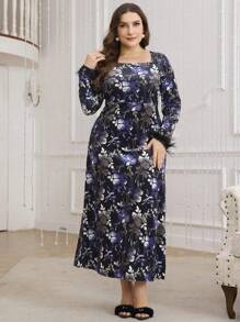 Modelyn 大码方领天鹅绒中长连衣裙长款晚礼服 - 彩色 - 查看 6