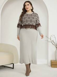 Mulvari Plus Size Women Elegant Geometric Pattern Contrast Fringe Trim Drop Shoulder Loose Sweater Dress, For Winter