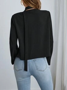 SHEIN EZwear 纯色针织 V 领宽松长袖女式衬衫 - 黑色 - 查看 5