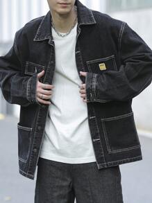 Manfinity Hypemode Men Solid Color Plain Patch Pockets Front Button Closure Long Sleeve Korean Fashion Dark Denim Jacket, For Going Out, Fall - Black - View 5