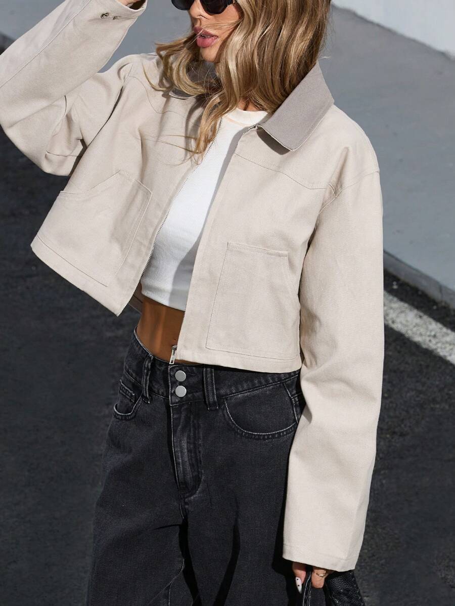 GENKIRA 都市潮流工装口袋撞色夹克 - 米色 - 查看 1