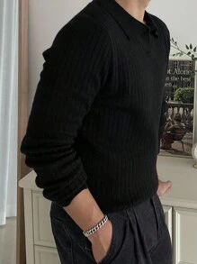 DAZY 1pc Solid Color Ribbed Knit Thickened Long Sleeve Sweater For Men, Autumn Buisness Attire - Black - View 6