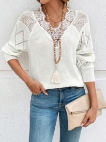 EMERY ROSE Damen Spitzen Patchwork Langarm einfacher Lässig Pullover - Weiss - Übersicht 1