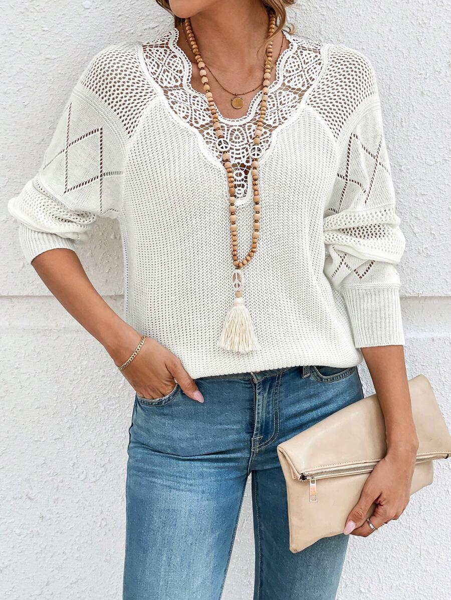 EMERY ROSE Damen Spitzen Patchwork Langarm einfacher Lässig Pullover - Weiss - Übersicht 1