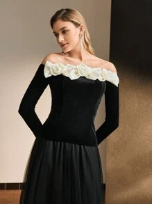MOTF Soiréza VELVET CONTRAST STEREO FLOWER BOW DETAIL OFF SHOULDER SLIM FIT PARTY TOP - Black and White - View 7