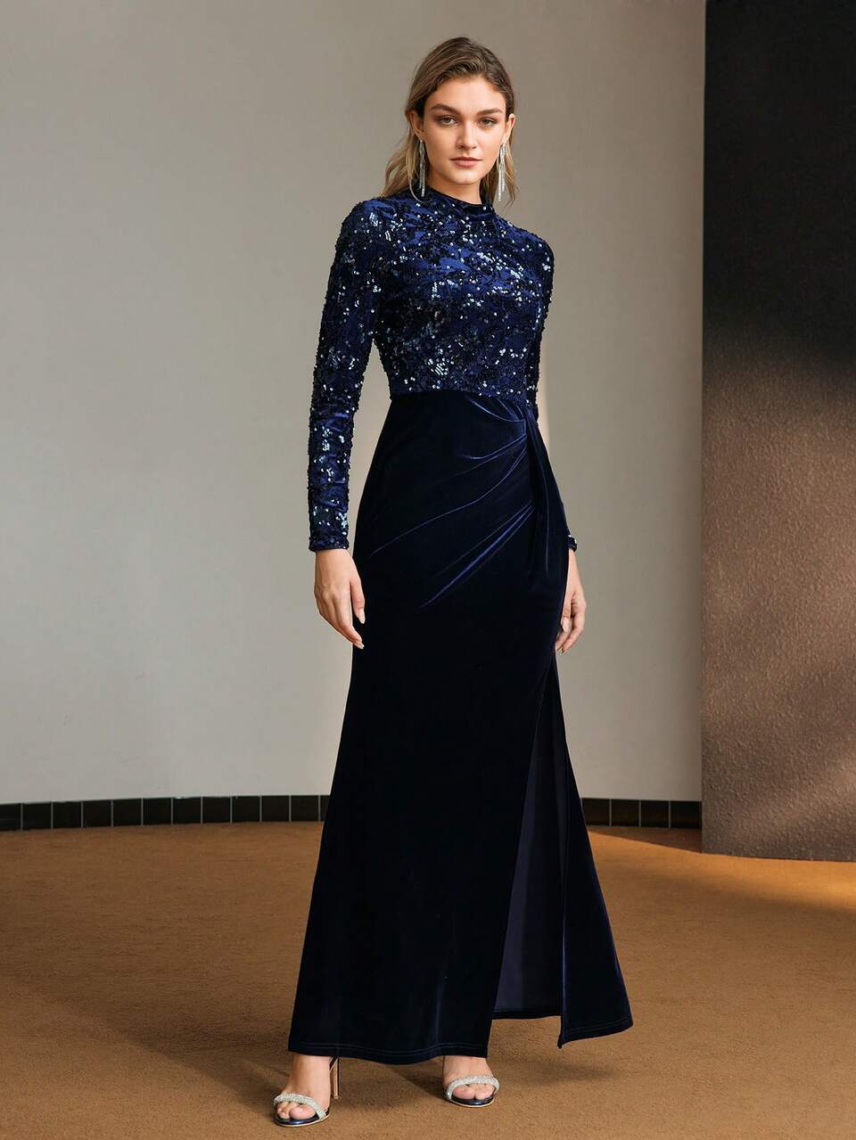 MOCK NECK SEQUINS BODICE VELVET SPLIT THIGH SLIM FIT FORMAL EVENING DRESS