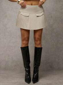 SHEIN BAE 女式卡其色百搭褶皱迷你裙，适合外出、通勤、办公室、日常穿着、冬季、褶皱口袋装饰、溜冰风格、夜间外出、圣诞派对、优雅无袖商务休闲装 - 卡其色 - 查看 3