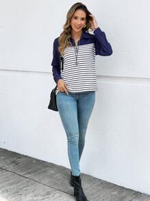 EMERY ROSE Quarter Zip Blue Long Sleeve Blue Patchwork Striped Women's Sweatshirt - Navy Blue - View 5
