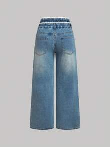 SHEIN MOD Plus Size Denim Jeans, Sweet Lace Patchwork Double Waistband Wide Leg Pants, Blue Color - Medium Wash - View 2