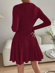 SHEIN Essnce Solid Color Round Neck Ribbed Knit Long Sleeve Dress - Burgundy - View 2