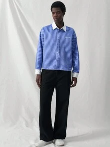 Manfinity VCAY Camisa casual urbana de colores block, de manga larga, con ajuste holgado y tejida, adecuada para jóvenes - Azul - Ver 6