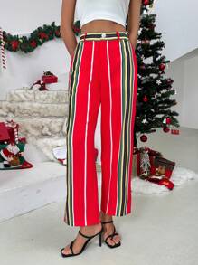 SHEIN Essnce Pantalon droit à jambes larges, imprimé de rayures, style décontracté pour femmes. Couleur rouge Noël. Vêtements de femme pour les fêtes - Rouge - Voir 4
