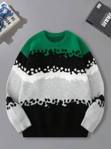 Manfinity Roghcode Sweater Kasual Pria Lengan Panjang Kerah Bulat Warna Polos dengan Motif Patchwork - MultiWarna - View 1