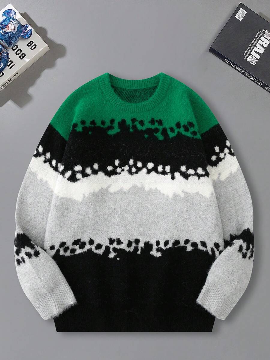 Manfinity Roghcode Sweater Kasual Pria Lengan Panjang Kerah Bulat Warna Polos dengan Motif Patchwork - MultiWarna - View 1
