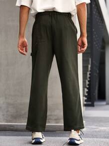 Manfinity Homme Men's Casual Solid Color Loose Fit Straight Leg Pants With Oblique Pockets, Plain Long Slacks Plain Black Pants, For Daddy & Husband, Boyfriend Gifts - Dark Green - View 2