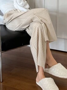 DAZY 条纹宽松休闲家居裤，适合日常休闲、秋季睡衣、冬季穿着 - 杏色 - 查看 6
