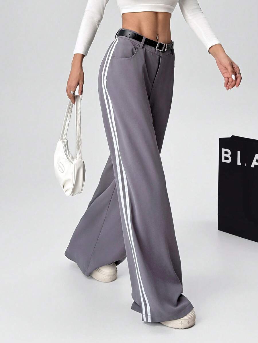 SHEIN EZwear Pantalones de pierna ancha de corte recto con rayas laterales de unicolor para mujeres - Gris - Ver 1
