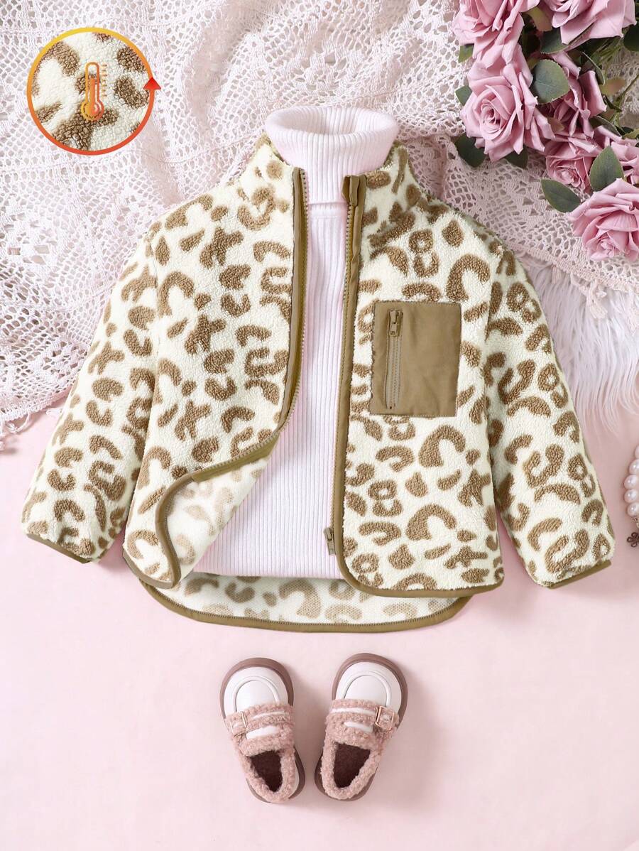 SHEIN Elladie kids 年轻女孩休闲可爱立领拉链假口袋装饰豹纹毛绒外套夹克,秋冬 - 杏色 - 查看 1