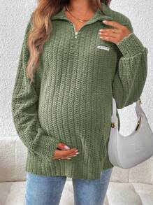 SHEIN 孕妇简约前拉链长袖休闲运动衫，适合冬季