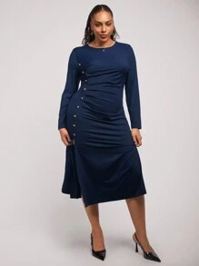 SHEIN Clasi Plus Size Elegant Sapphire Blue Embellished Button High Slit Long Dress