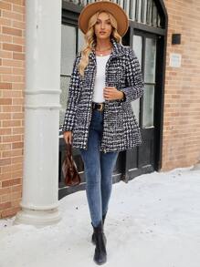 EMERY ROSE Manteau matelassé à col roulé, imprimé à carreaux en faux tweed pour femmes, pour l'automne/l'hiver - Noir et Blanc - Voir 5