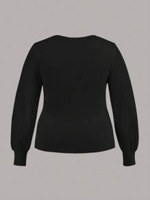 Slaydiva Plus Size Women Solid Color Notched Collar Mesh Contrast Ruffle Fitted Long Sleeve T-Shirt, Spring & Autumn